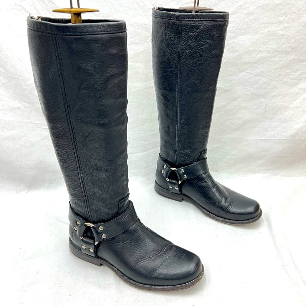$378 Frye Phillip Harness Riding Boots Black Leather 15.5” Tall 76850 Size 6 B